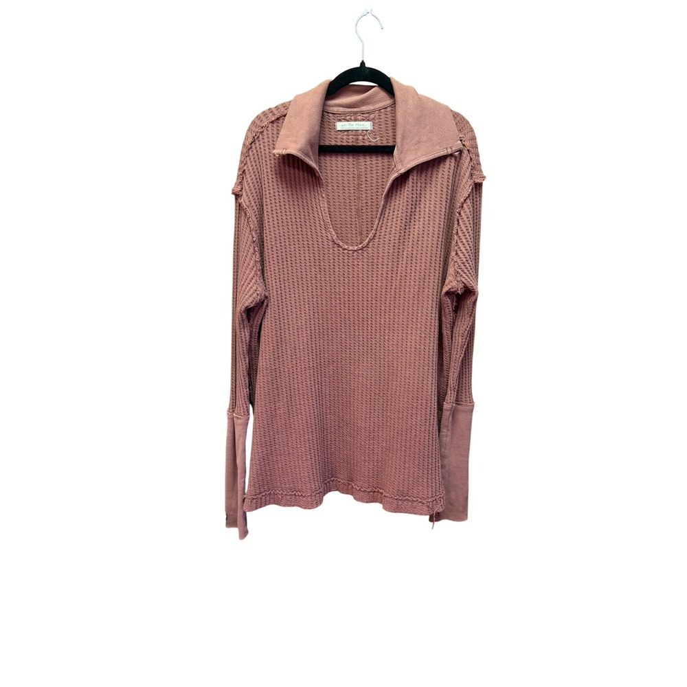 We The Free Free People Waffle Knit Thermal Top Mauve V-Neck Raw Seam Large